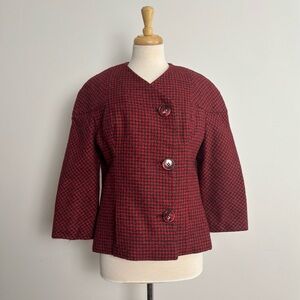 Vintage 1960s GALANOS Red and Charcoal Grey Houndstooth Wool Jacket